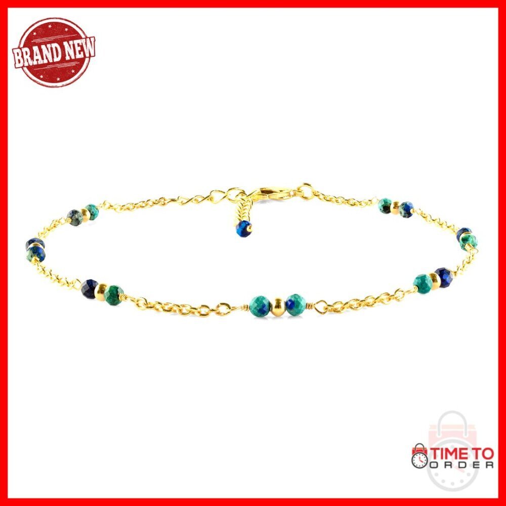 Gold Bead Chain Anklet with Azurite Gemstones, Adjustable 9+1.5 Inch
